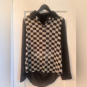 Title: Icône Sheer Checkered Blouse with Back Cutout – Size M